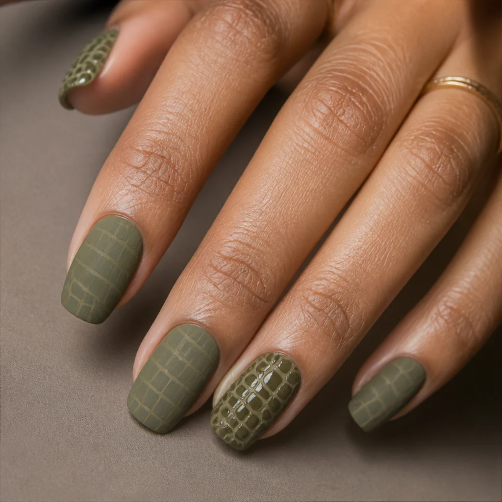 Medium nails in tonal olive croc print with matte base and glossy scale dots on accent nails