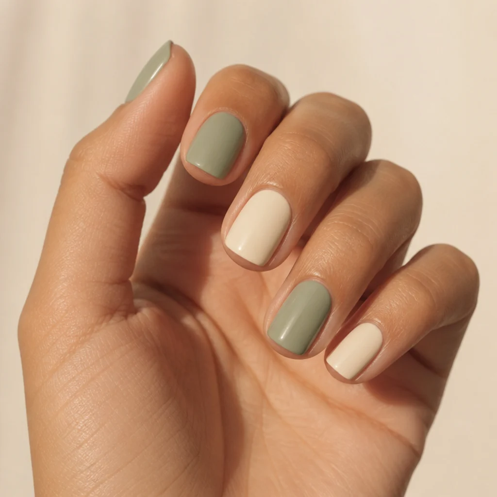 Short and medium nails in a soft two-tone of light olive green and warm cream