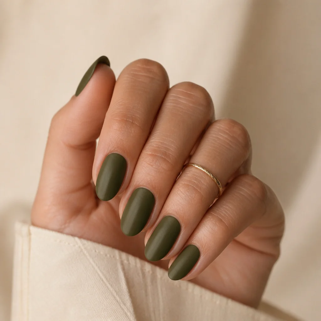 Close-up of almond nails painted in dark olive green with a soft matte finish on warm ivory background