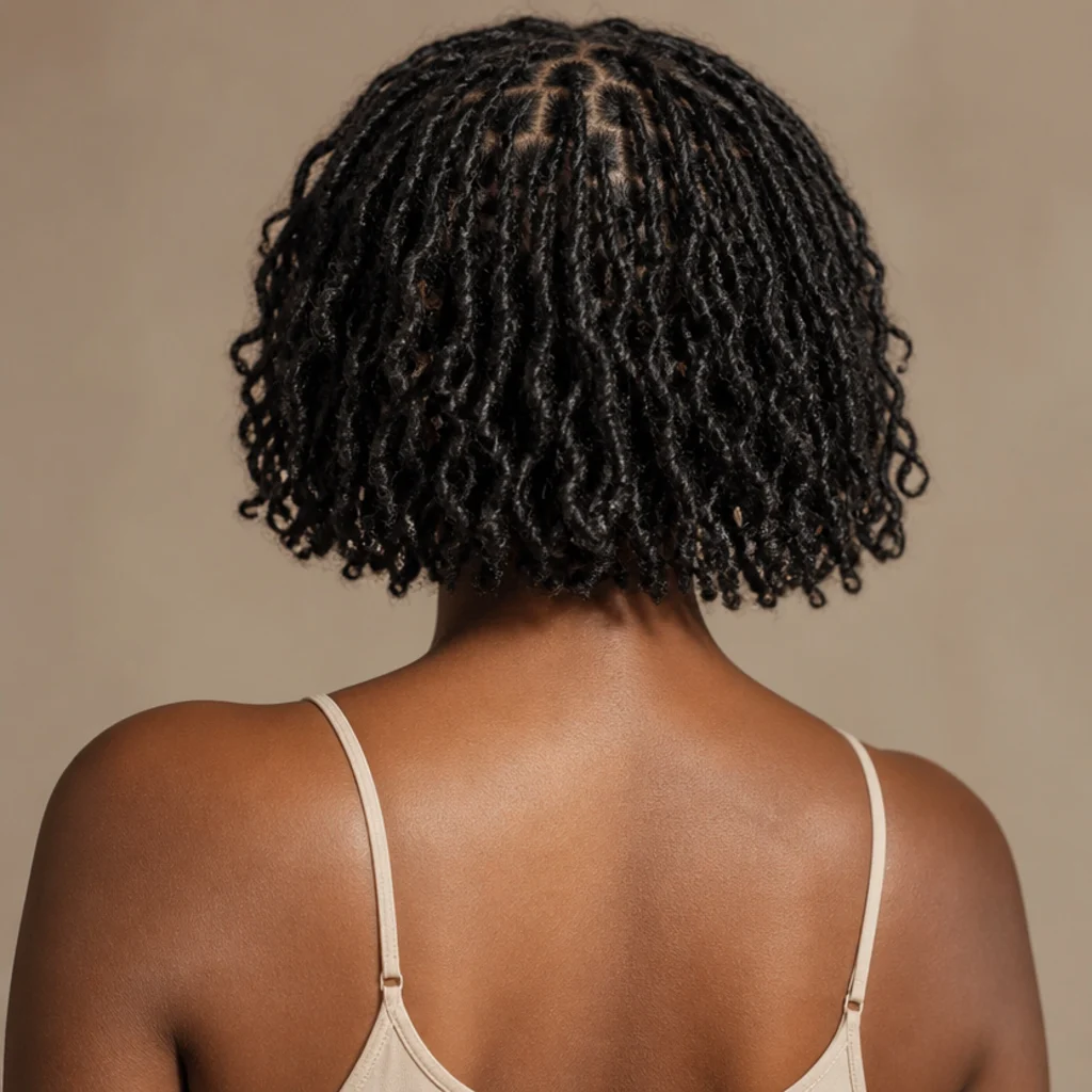 Back view of chin-length short butterfly locs styled in a rounded blunt bob with visible distressed loop texture
