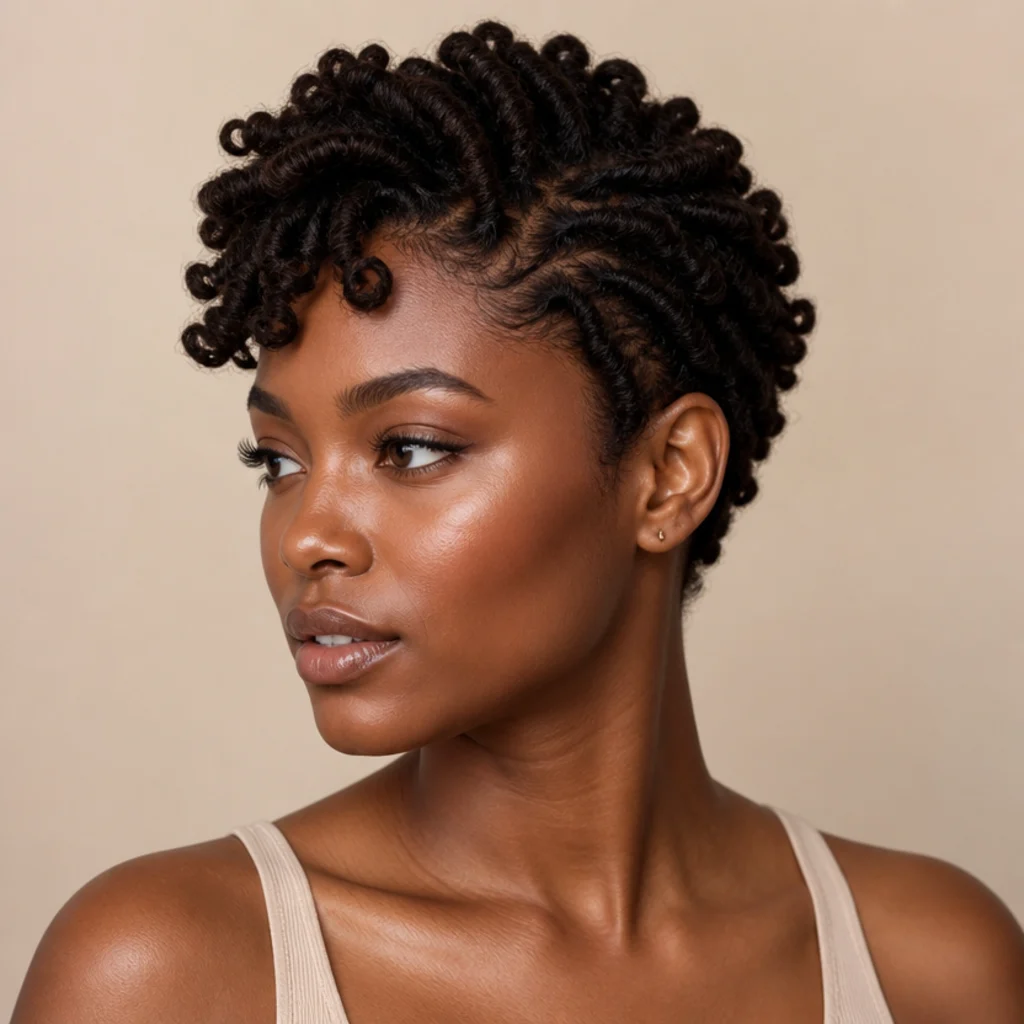 Three-quarter side view of tapered short butterfly locs kept longer at the crown and cropped close at the nape