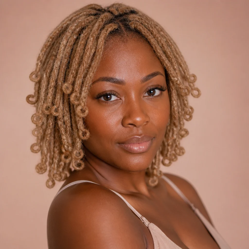 Black woman with warm honey-blonde short butterfly locs framing her face in soft studio light