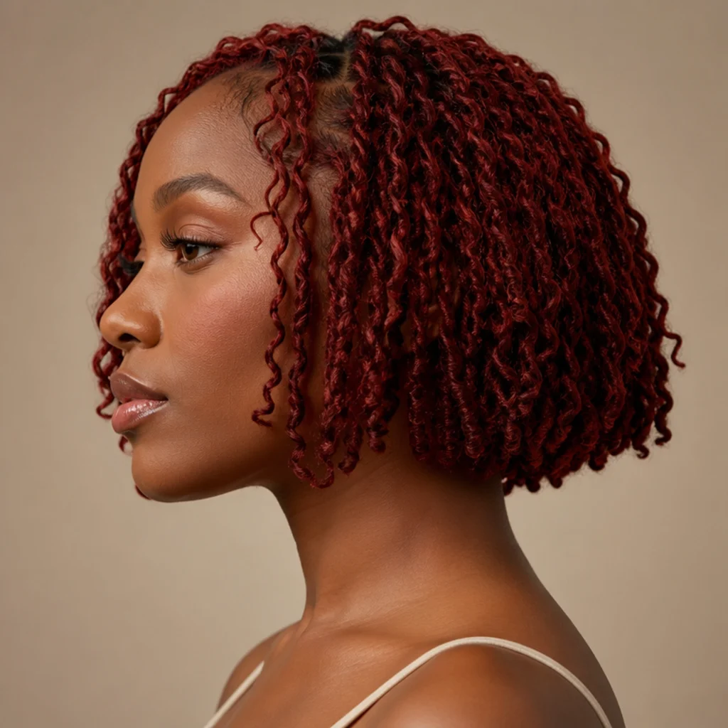 Side profile of a red butterfly locs bob with rich auburn tones and distressed looped texture