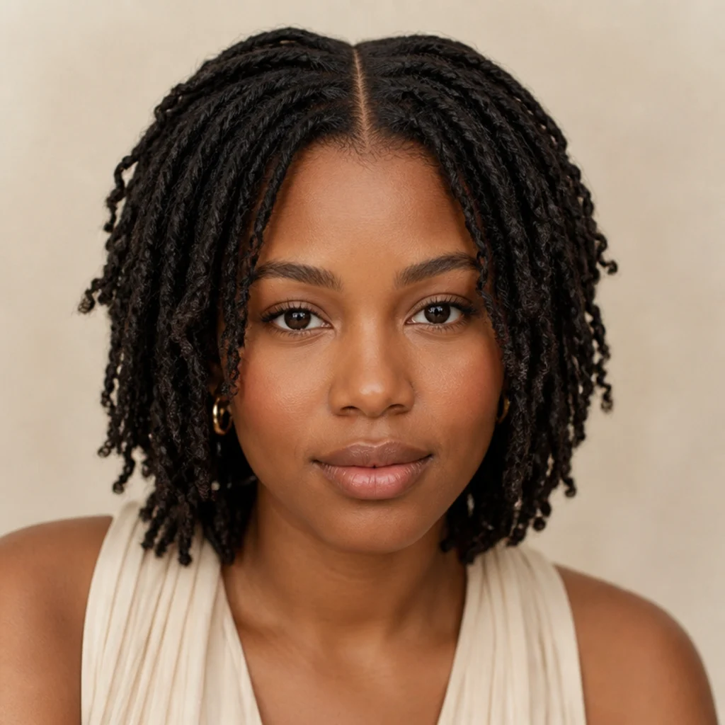Front view of short butterfly locs with a clean center part falling evenly on both sides of the face