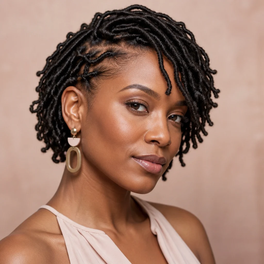 Three-quarter view of side-swept short butterfly locs with a deep part sweeping locs diagonally across the forehead