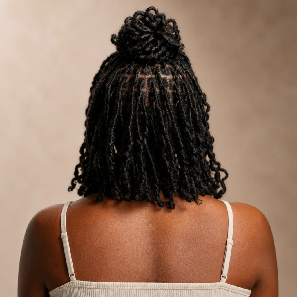 Back view of short butterfly locs gathered into a half-up bun with the lower locs left loose