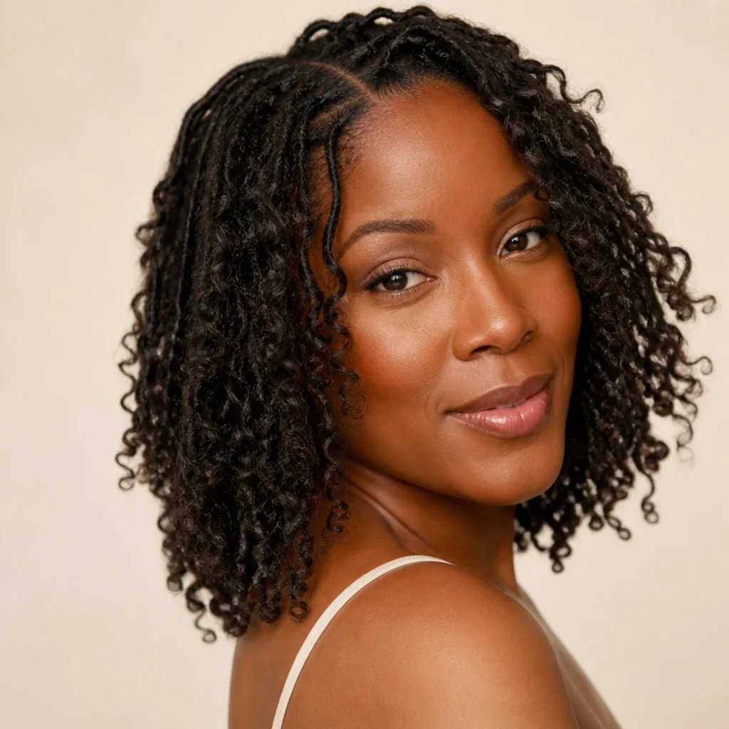 Close three-quarter view of short butterfly locs finished with soft coiled curly ends