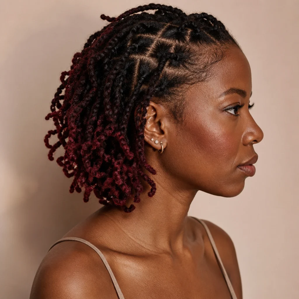 Side view of short butterfly locs fading from dark roots into burgundy ombre ends