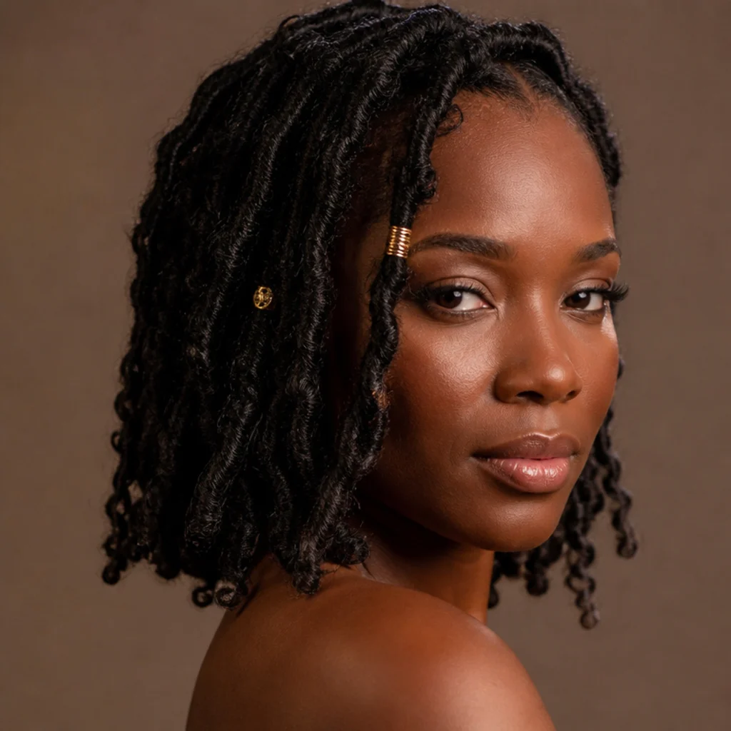 Detail of short butterfly faux locs accented with gold metallic cuffs and rings near the face