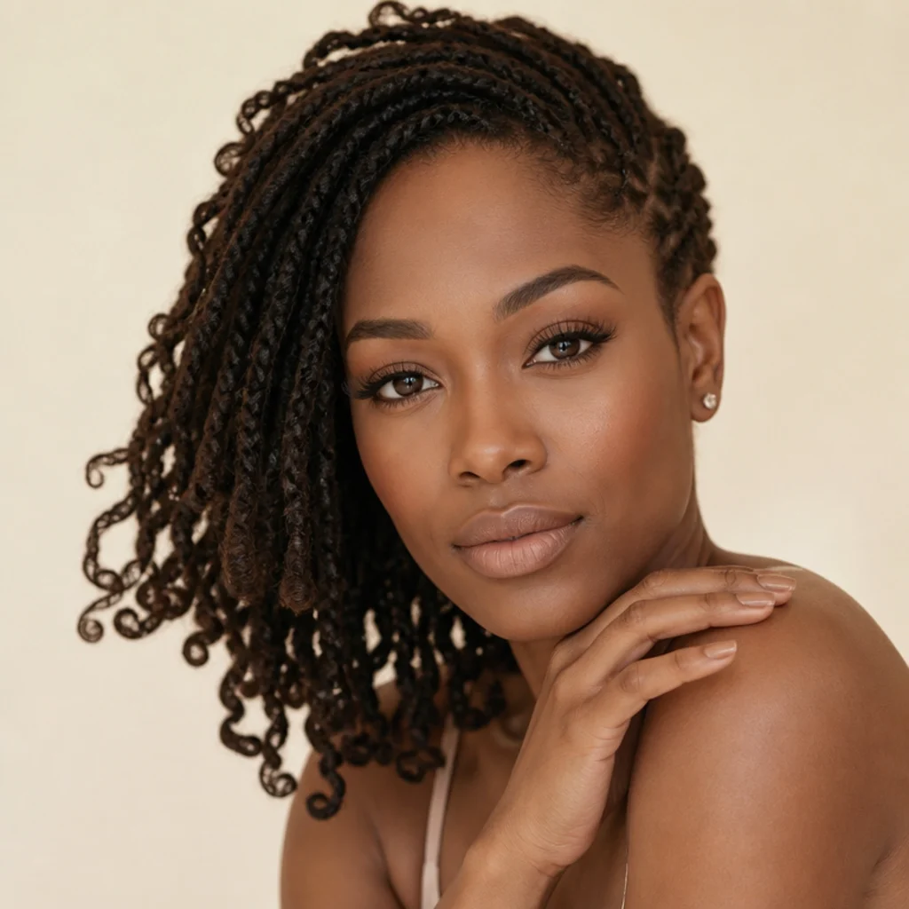 Front view of asymmetric short butterfly locs cut longer on one side than the other
