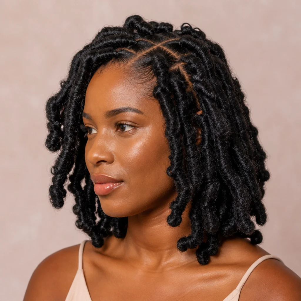 Three-quarter view of chunky jumbo short butterfly locs with wide distressed loops