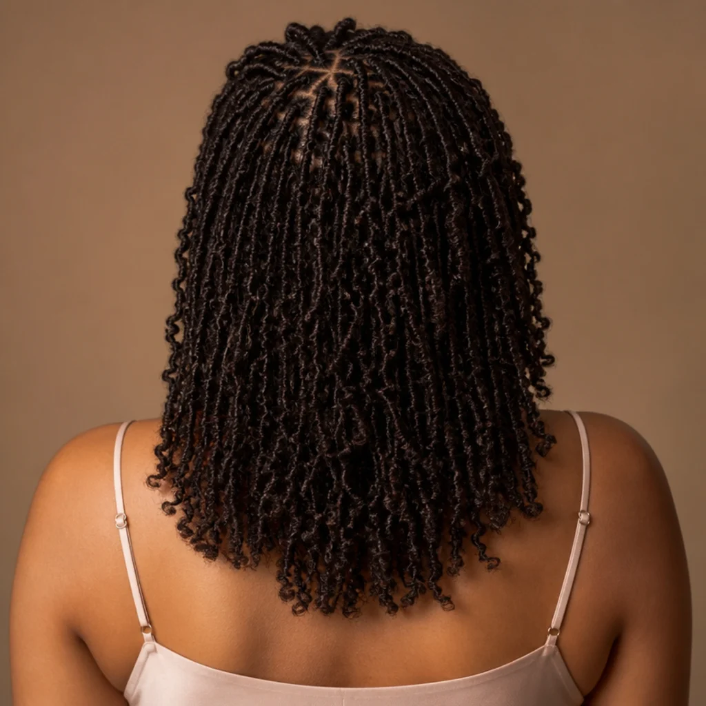 Back view of fine micro short butterfly locs with densely packed delicate loops