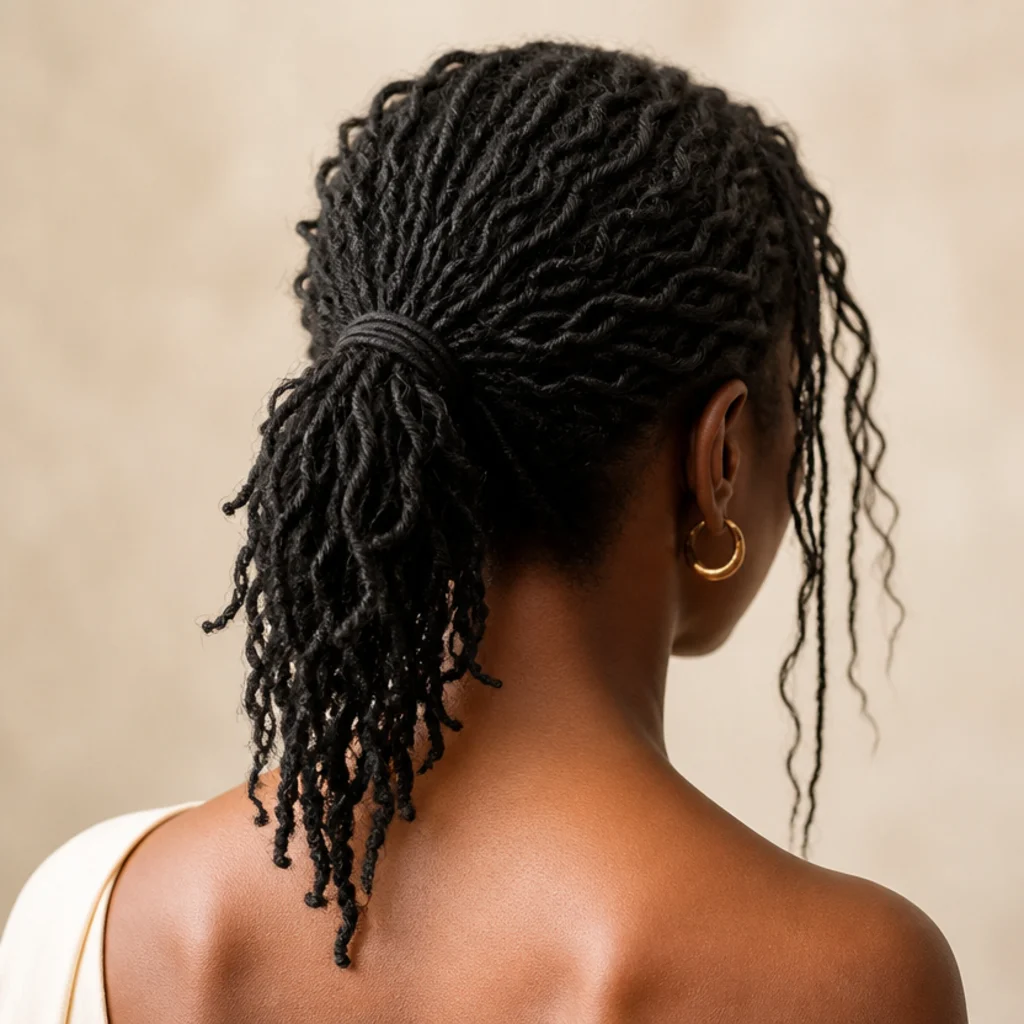 Back view of short butterfly locs gathered into a low ponytail with loose face-framing pieces