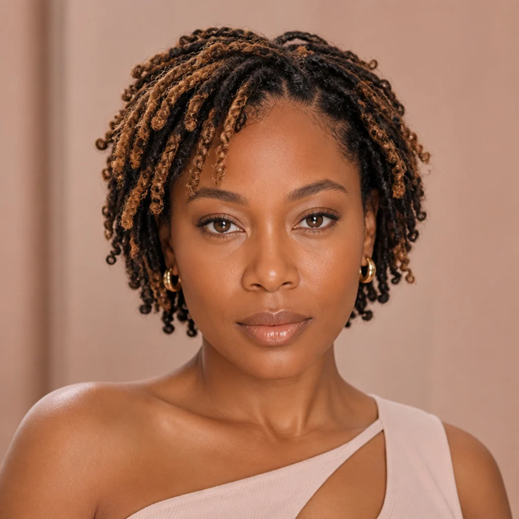 Front view of two-tone short butterfly locs blending two contrasting colors throughout the head
