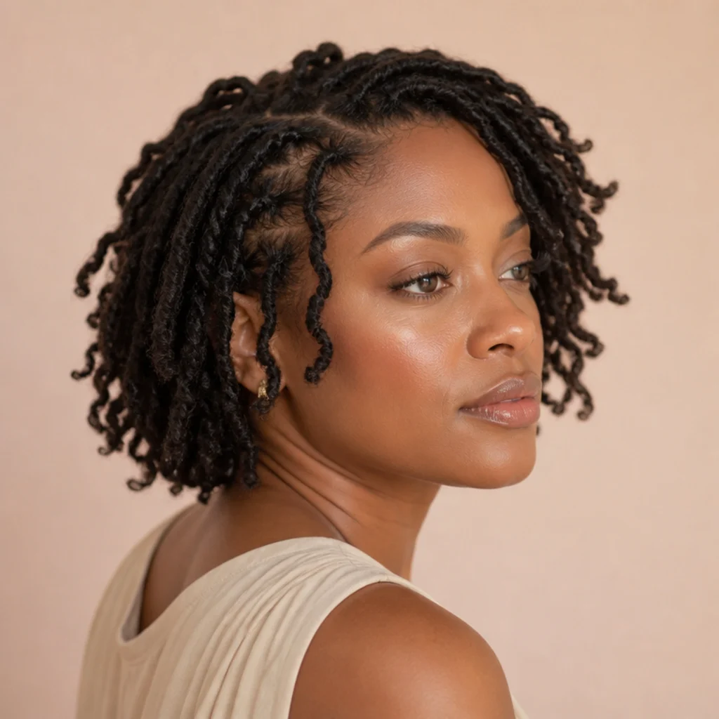 Black woman in three-quarter profile wearing chin-length short butterfly locs with soft distressed texture