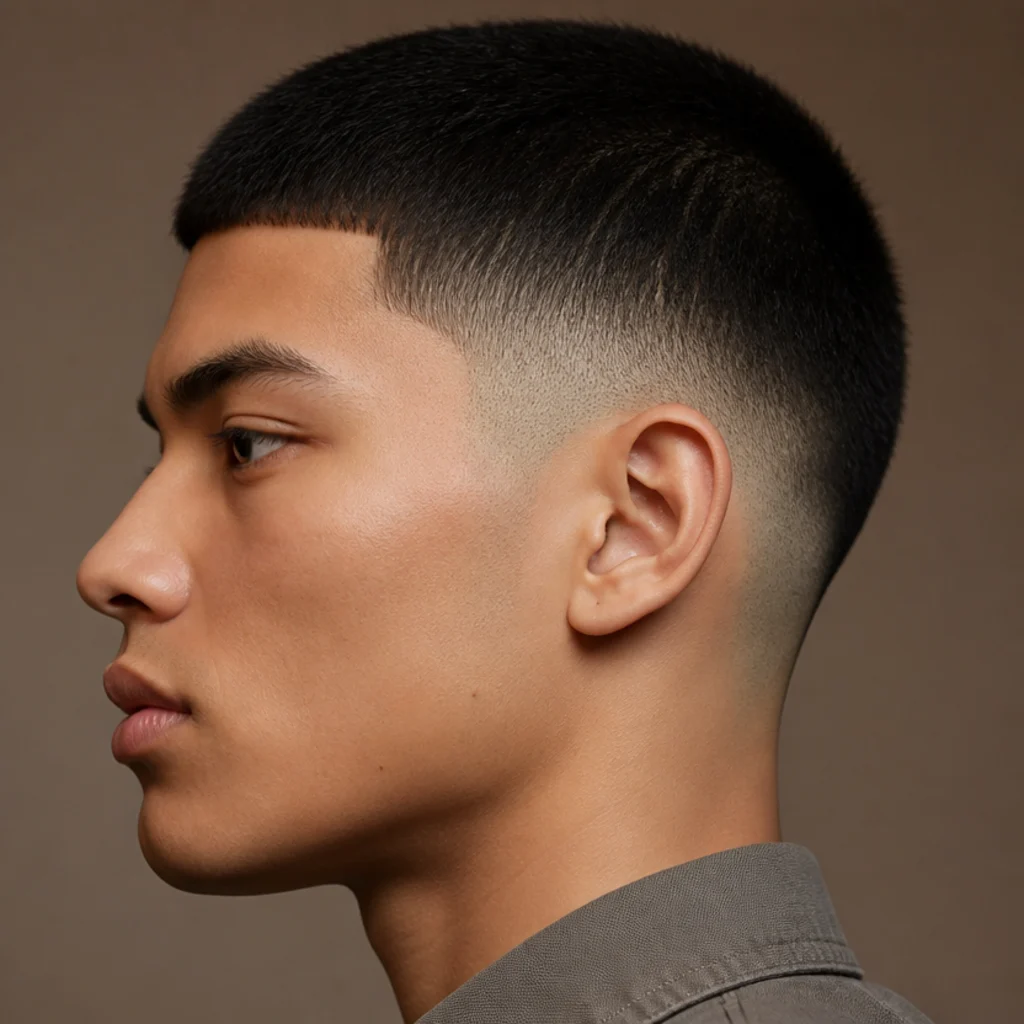 Side profile of a model with a classic short Edgar buzz cut, even blunt fringe, and short faded sides against a taupe backdrop