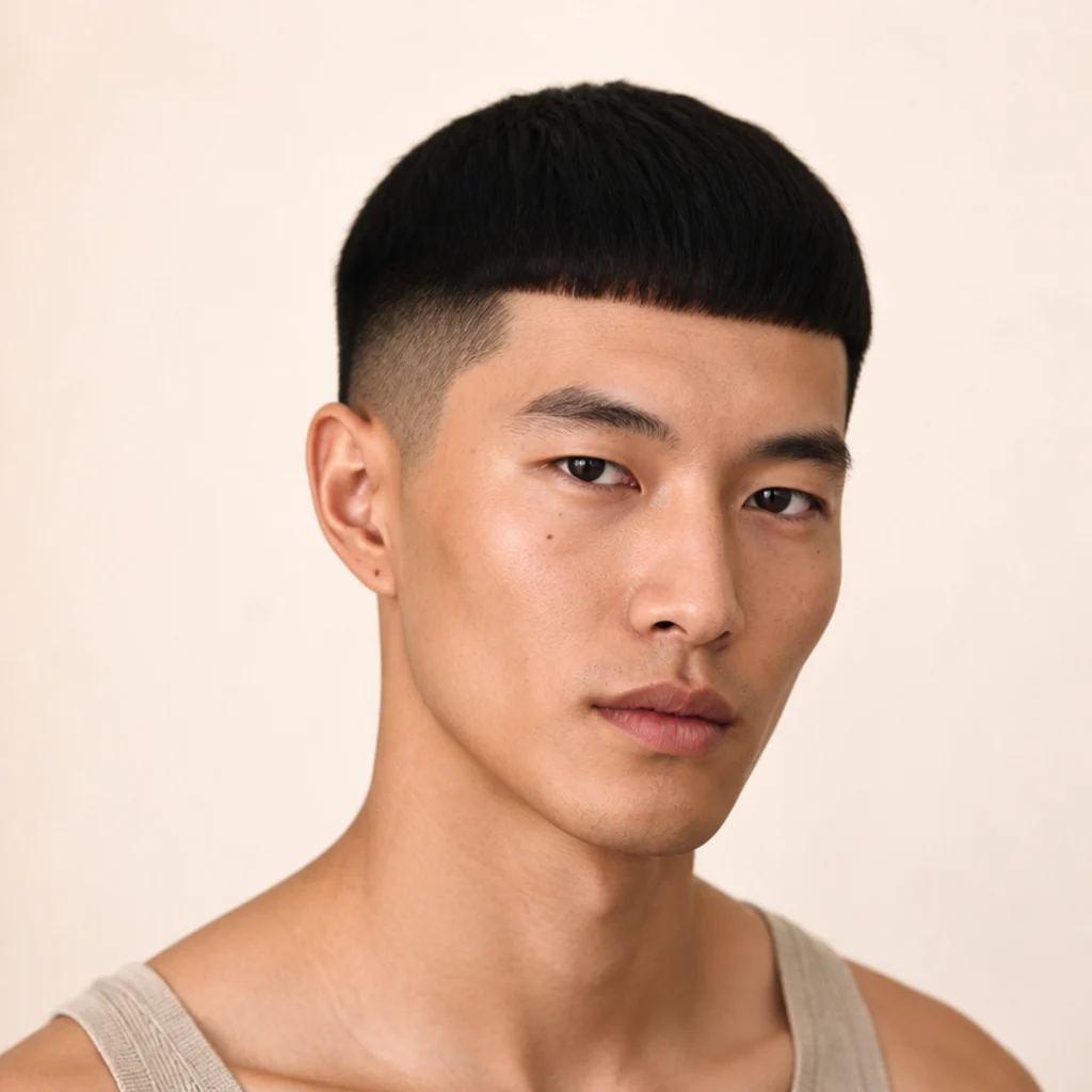 Front-facing studio shot of a model with edgar cut straight hair, a sharp blunt fringe lying flat across the forehead, against a warm ivory background