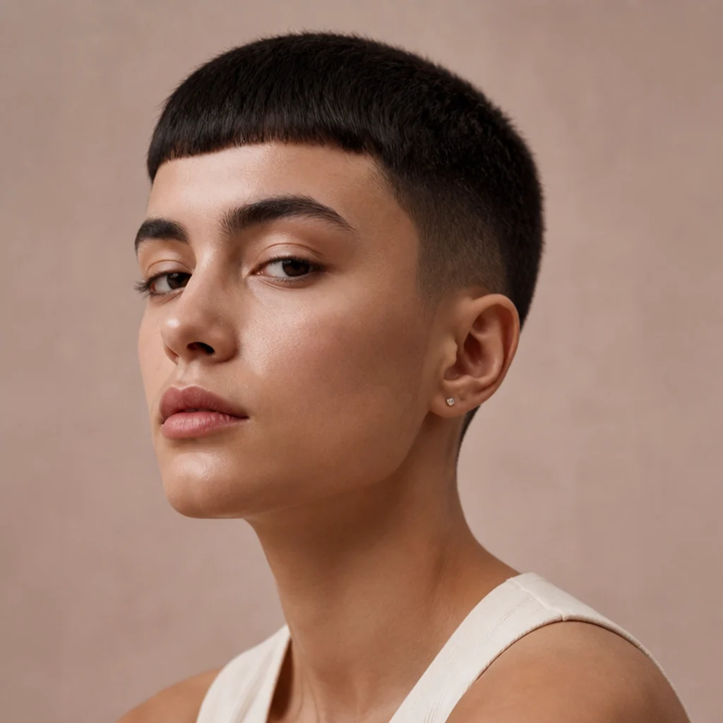 Three-quarter view of a model with an Edgar buzz cut and taper fade blending from short top to skin near the neckline, against a muted blush backdrop