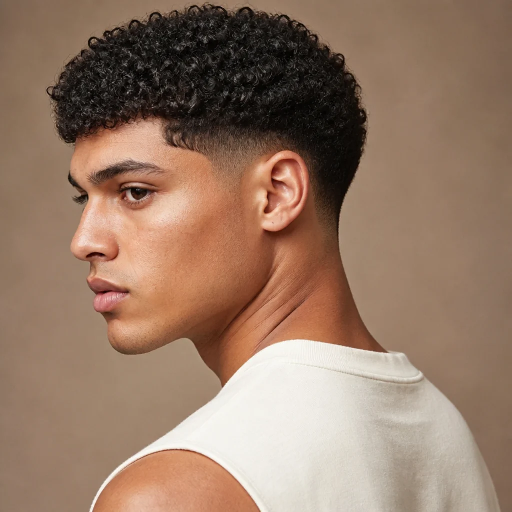 Back-and-side angle of a model with a curly Edgar buzz cut, tight coils on top and a faded perimeter, under warm neutral studio light