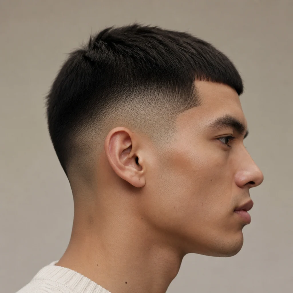 Side profile of a model with a low fade Edgar buzz cut, the fade starting just above the ear, blunt fringe, against a taupe background