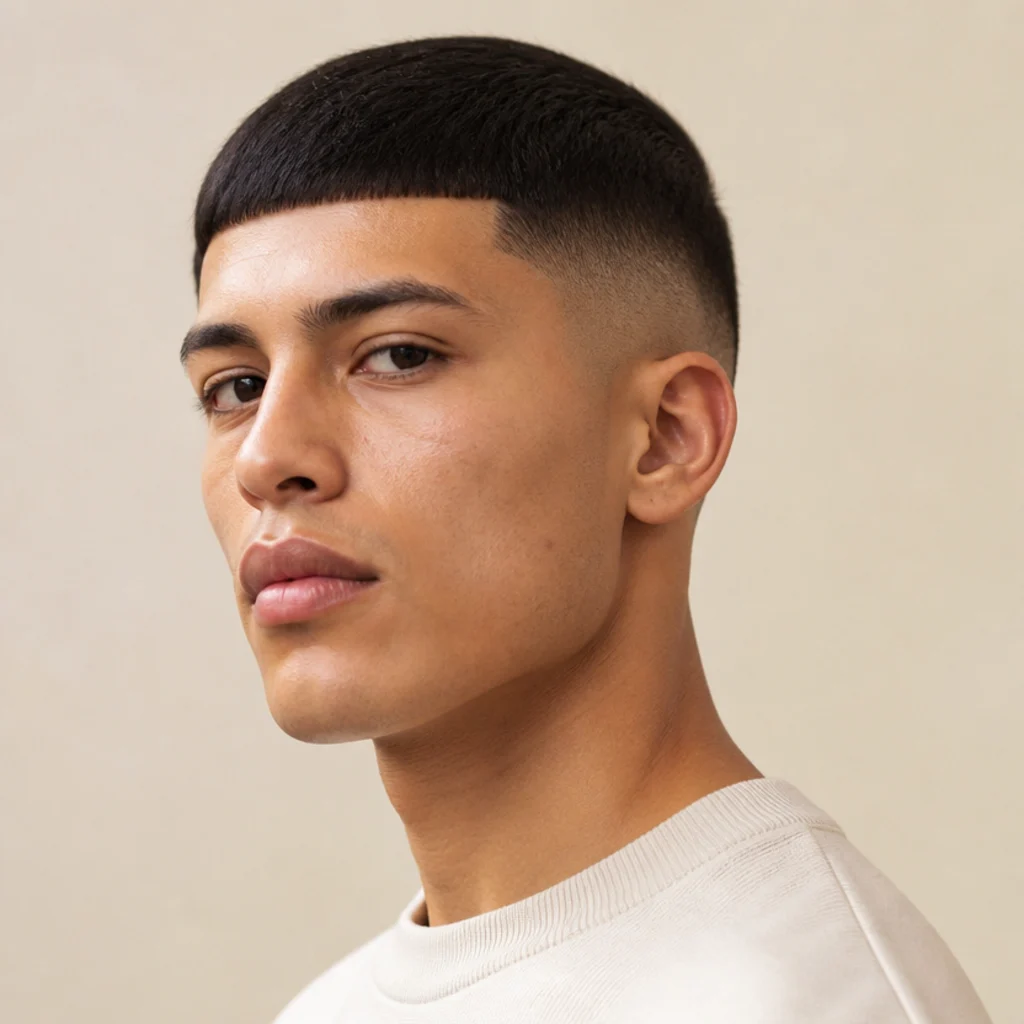 Three-quarter portrait of a model with a mid fade Edgar buzz cut, the fade centered on the side of the head, blunt front line, against an ivory backdrop