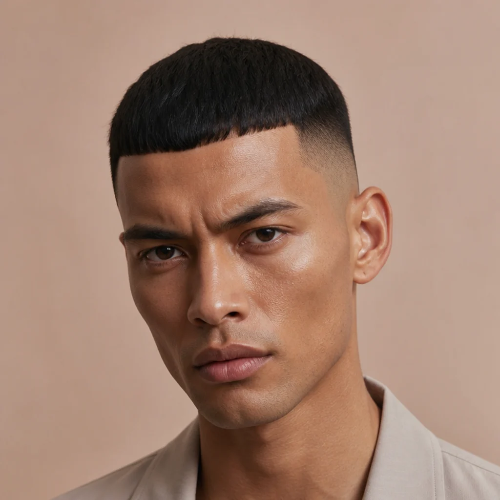 Front view of a model with a high fade Edgar buzz cut, the fade rising high on the sides, bold blunt fringe, against a muted blush studio background