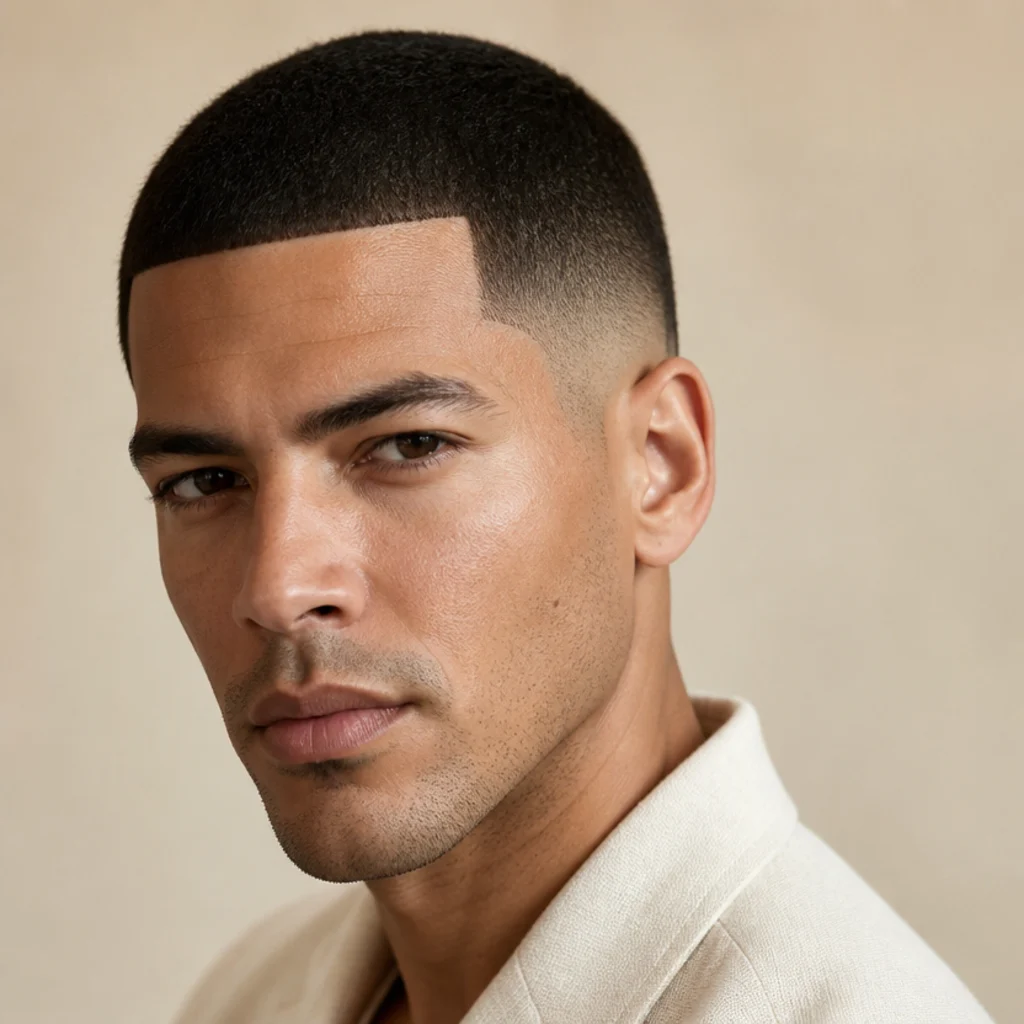 Close three-quarter shot of a model with an Edgar buzz cut and a crisp line-up along the hairline and fringe, against a warm ivory background