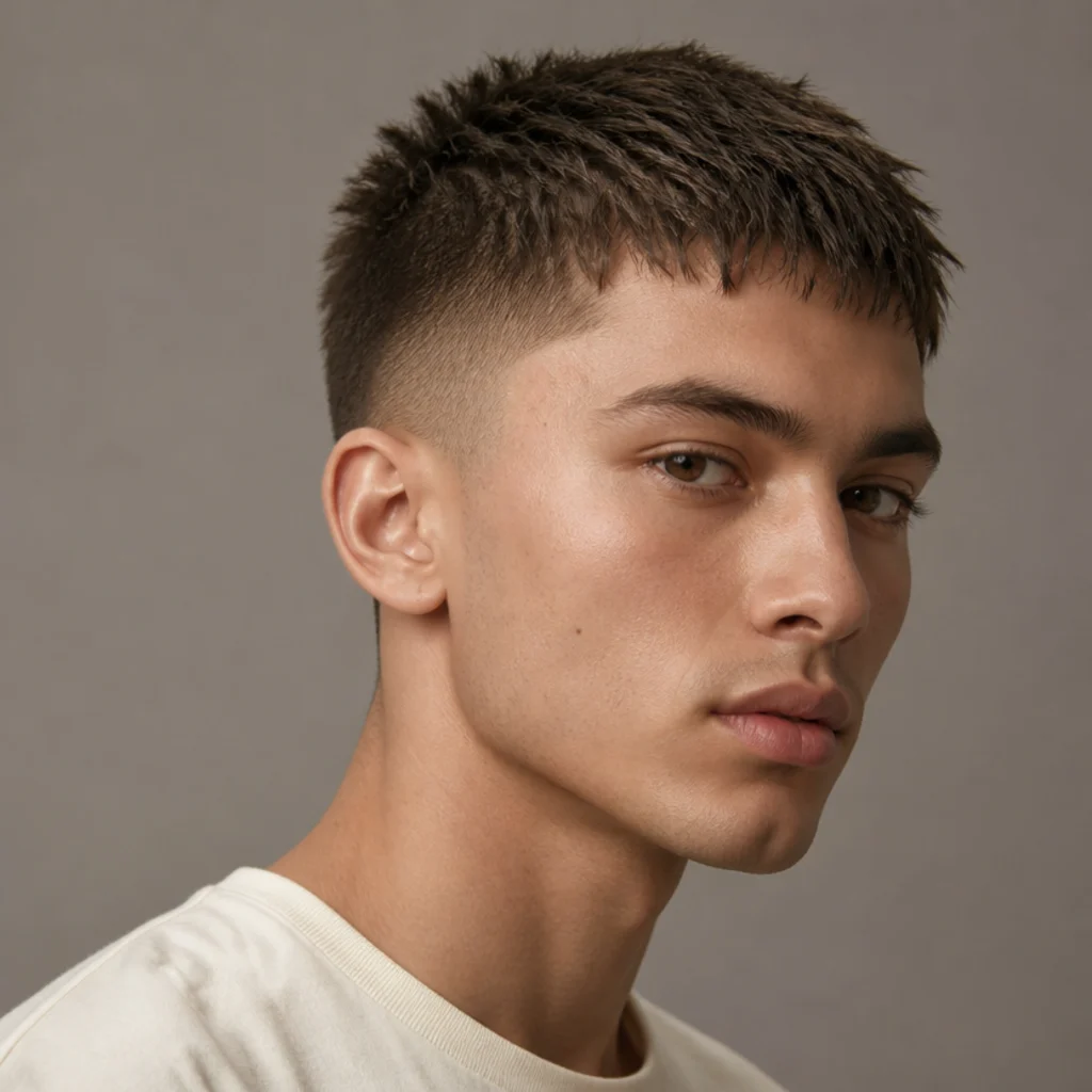 Side angle of a model with a textured crop Edgar, a choppy short top with a blunt fringe and faded sides, against a taupe backdrop