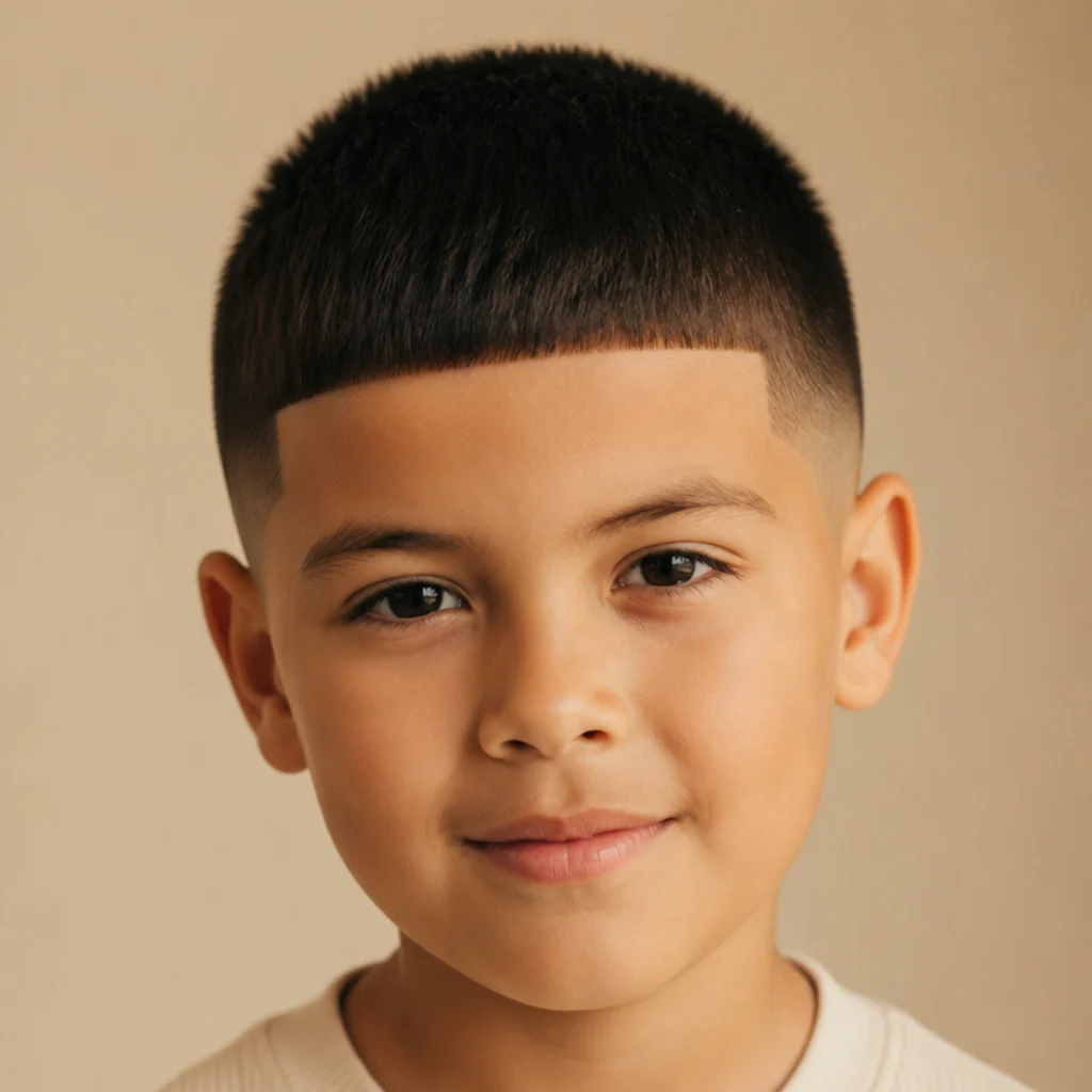 Front-facing portrait of a young boy with an Edgar buzz cut, neat blunt fringe and short faded sides, under soft warm studio light