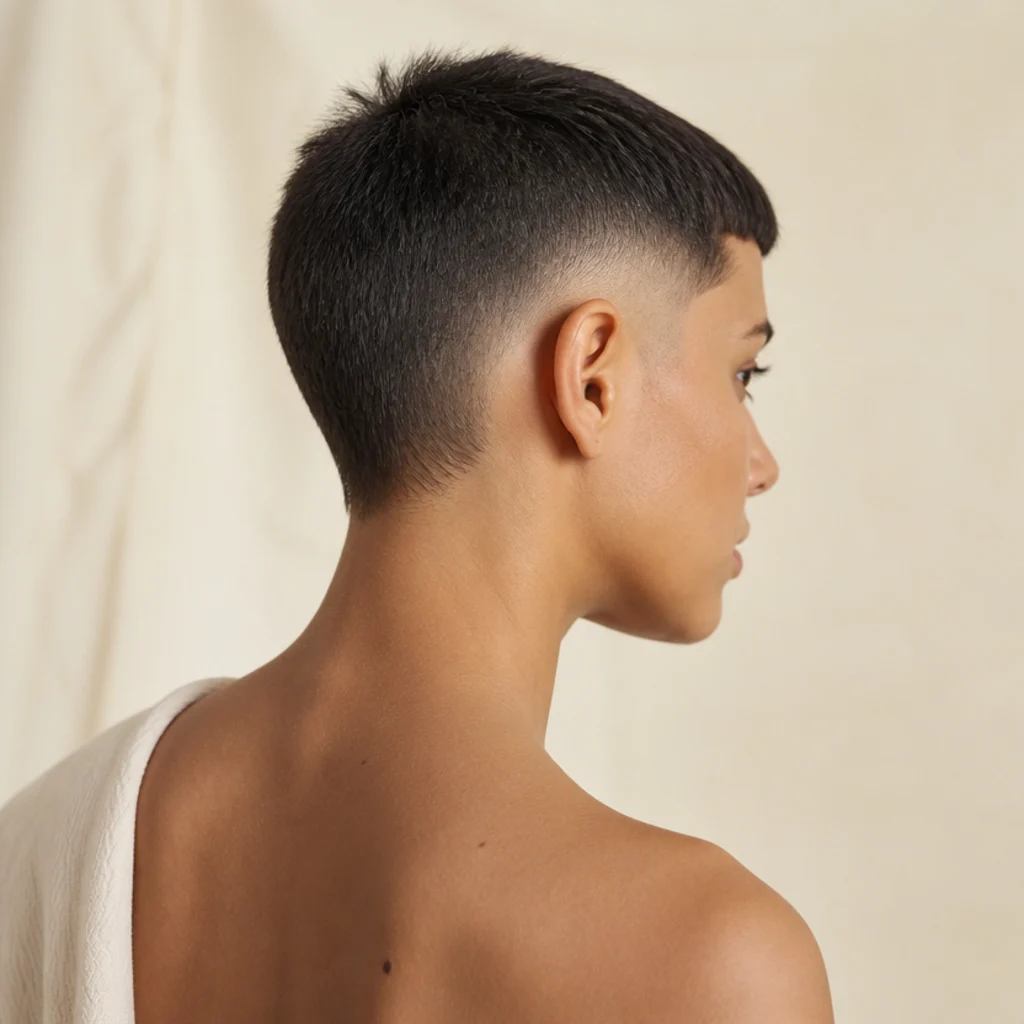 Back view of a model with a burst fade Edgar buzz cut, the fade curving around the ear in an arc, blunt fringe visible from the side, against an ivory background