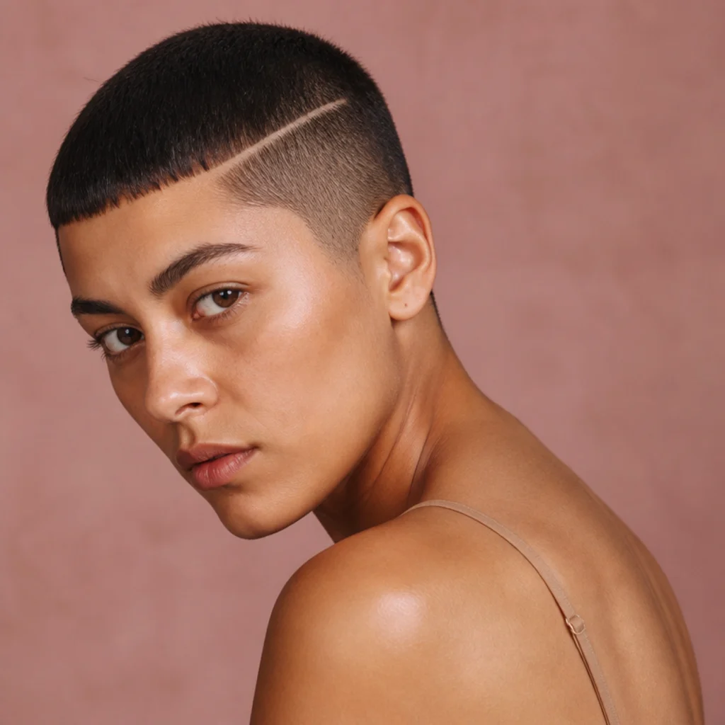 Three-quarter portrait of a model with an Edgar buzz cut and a razored hard part line on one side, blunt fringe, against a muted blush backdrop