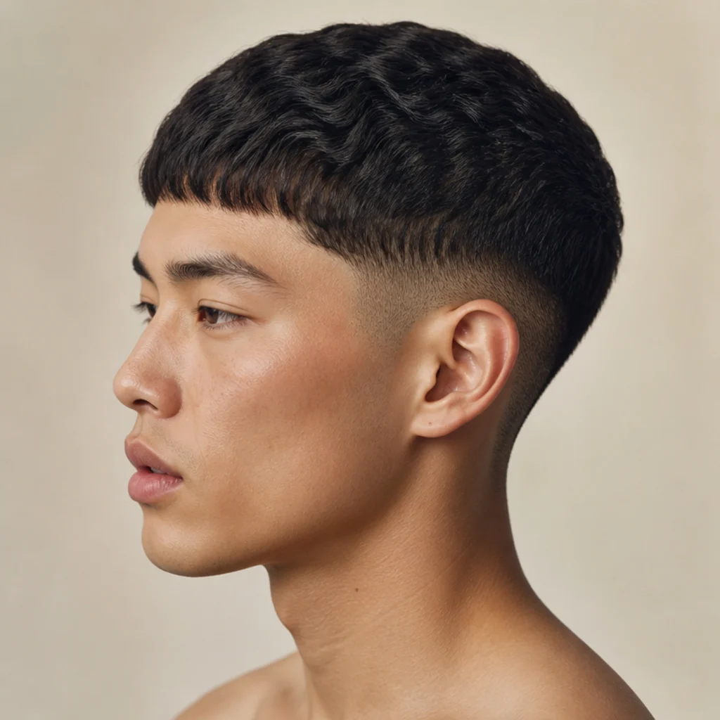 Side profile of a model with a wavy Edgar buzz cut, short waves across the top and a softly blunt fringe, against a warm ivory studio background