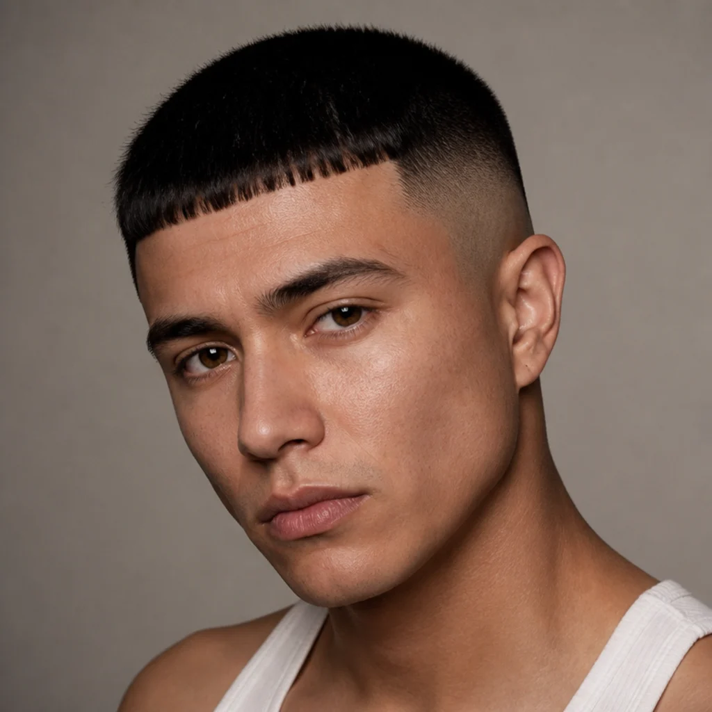 Front view of a model with a skin fade Edgar buzz cut, the sides blended down to bare skin, sharp blunt fringe, against a taupe background