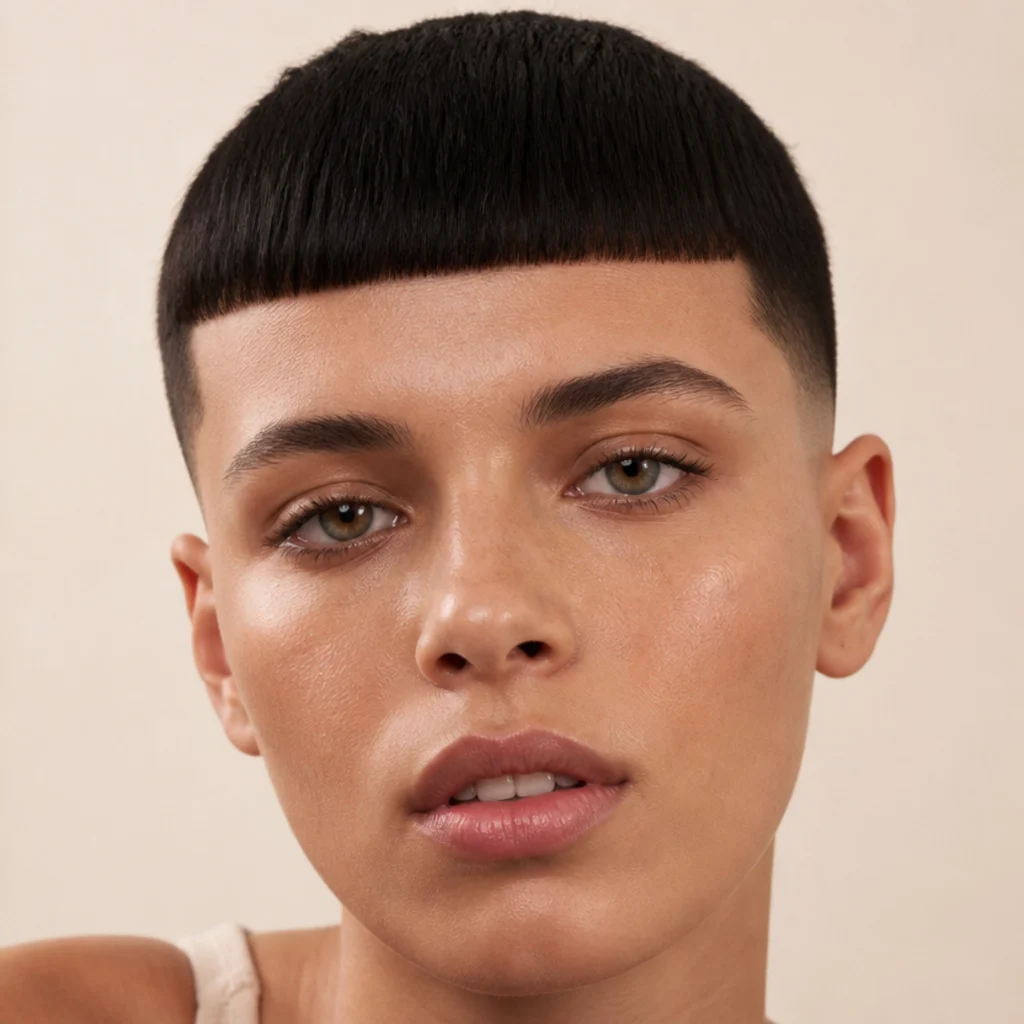 Close front portrait of a model with an Edgar buzz cut emphasizing a heavy, perfectly level blunt fringe, faded sides, against an ivory backdrop
