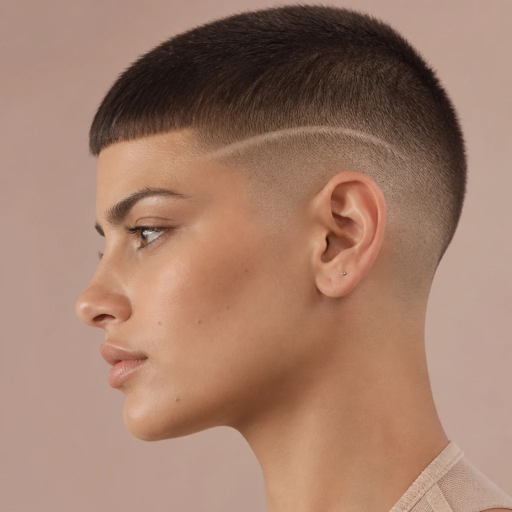 Side angle of a model with an Edgar buzz cut featuring a single shaved geometric design line above the ear, blunt fringe, against a muted blush background