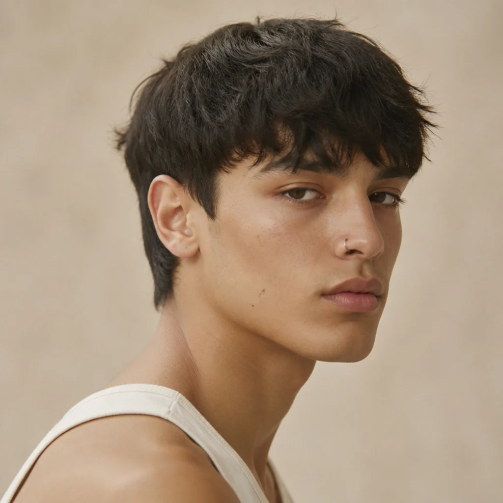 Three-quarter view of a model with a grown-out shaggy Edgar, a longer softened fringe and grown-in sides, under warm ivory studio light