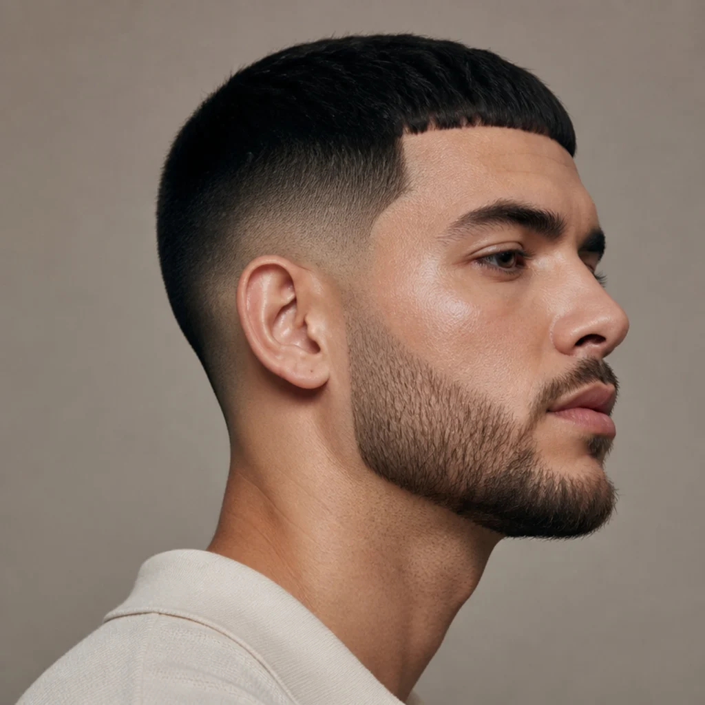 Side profile of a model with an Edgar buzz cut blended into a short, faded beard along the jaw, blunt fringe, against a taupe backdrop