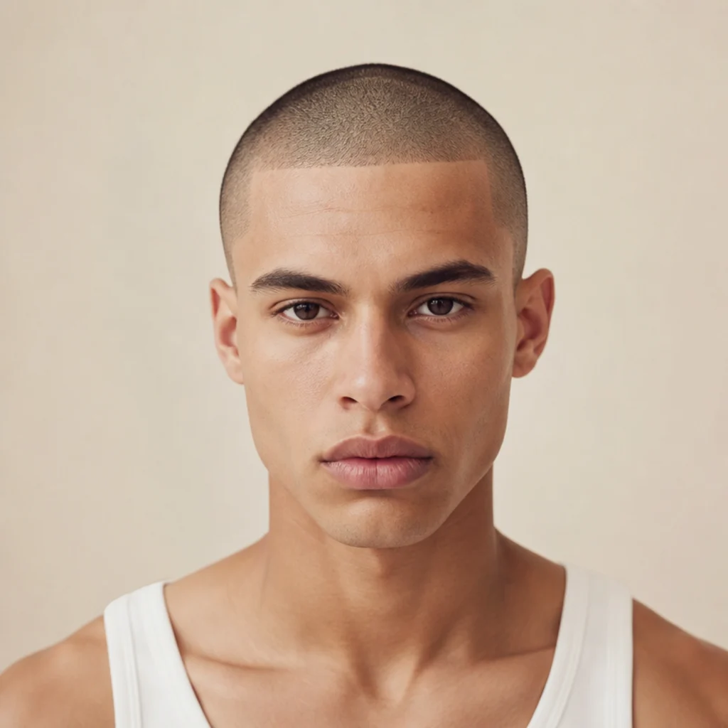 Front view of a model with an ultra-short bald Edgar, top buzzed nearly to the skin with a faint blunt fringe outline, faded sides, against an ivory background