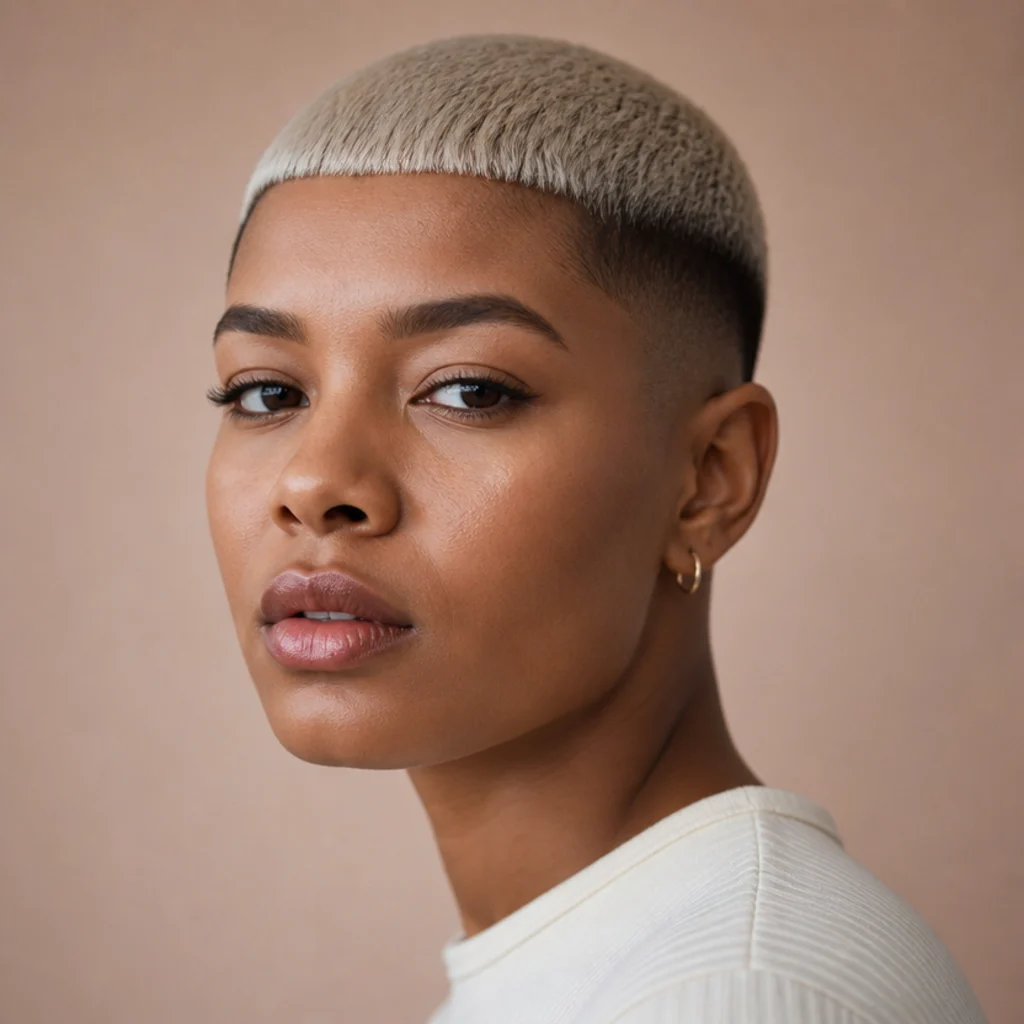 Three-quarter portrait of a model with a colored Edgar buzz cut, top lightened to soft platinum against faded darker sides, blunt fringe, against a muted blush backdrop