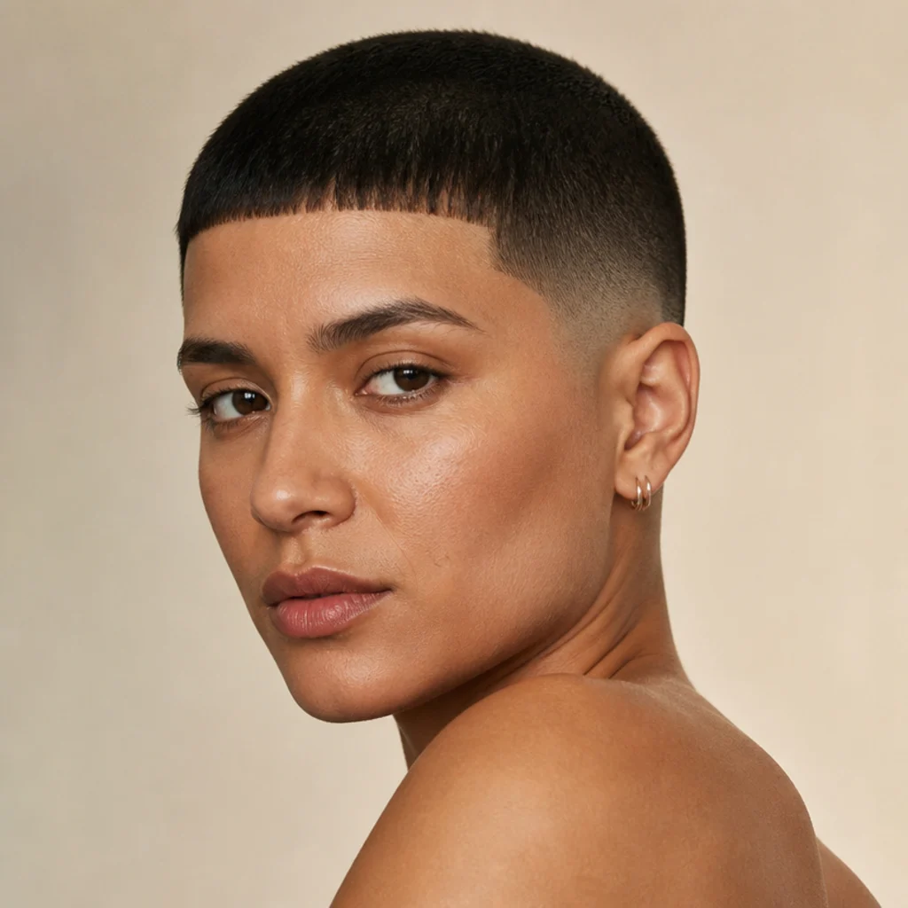 Three-quarter studio portrait of a model with a short Edgar buzz cut, blunt straight fringe, and clean taper fade on a warm ivory background