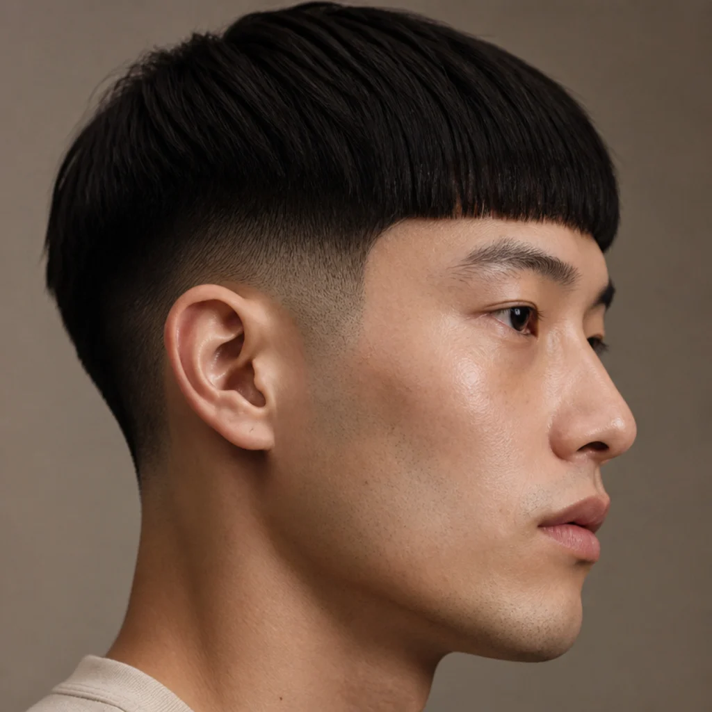Side profile of a man with a blunt straight edgar fringe held level across the brow and a clean low taper fade above the ear on a taupe background