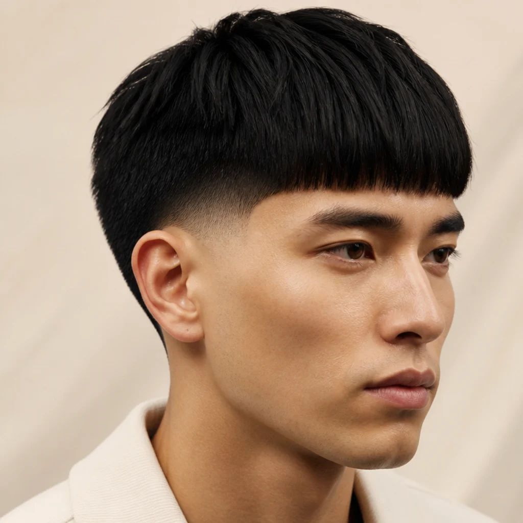 Three-quarter view of a man with pin-straight dark hair in an edgar cut and a mid taper fade beginning at the temple on a warm ivory backdrop