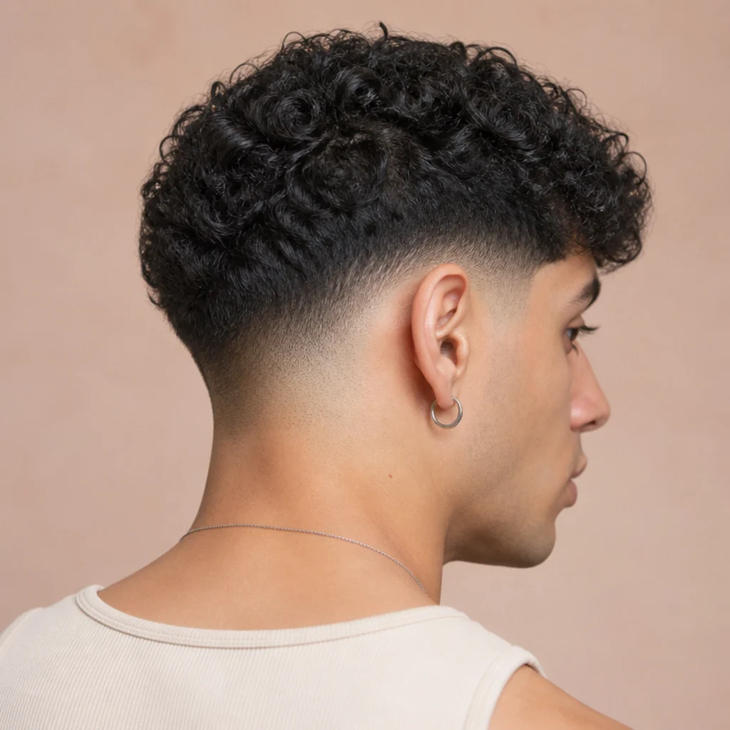Back-three-quarter angle of a man with a curly edgar cut and a soft blurry fade melting into tight curls on a muted blush background