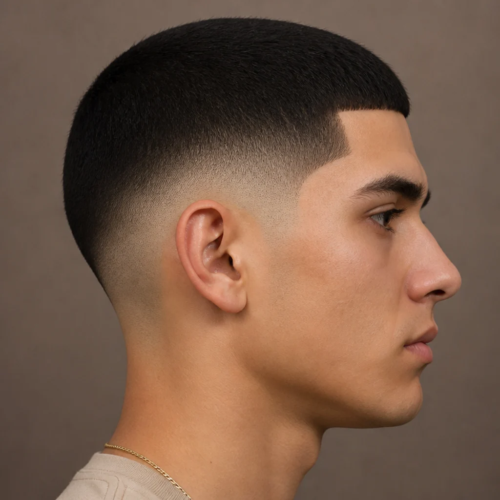 Side view of a man with a short edgar buzz cut and a crisp skin taper along the hairline and sideburn on a taupe studio background
