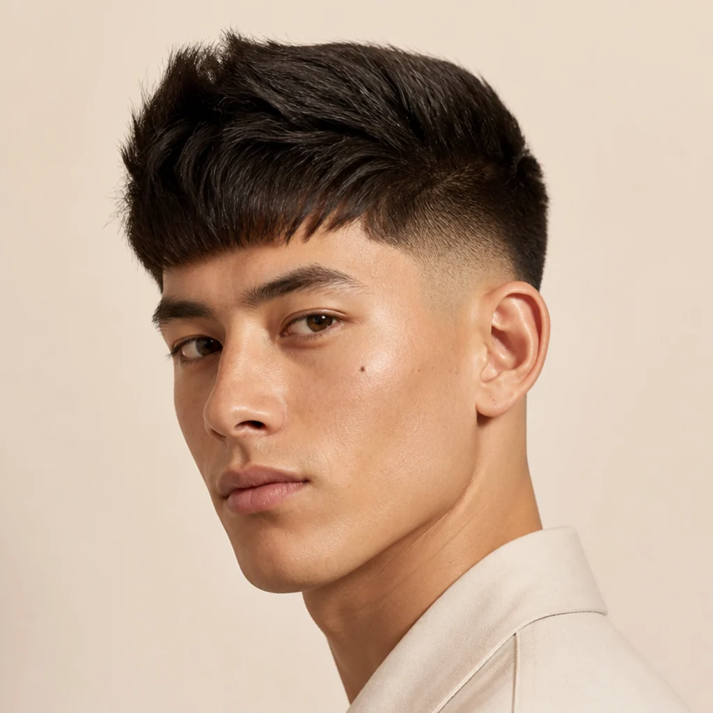 Three-quarter portrait of a man with a voluminous lifted edgar fringe and a high taper fade pushing well up the head on a warm ivory background