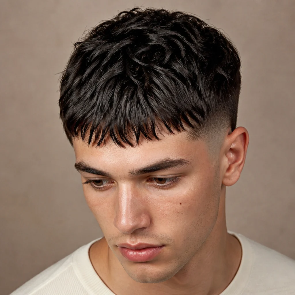 Overhead-three-quarter view of a man with a choppy point-cut textured edgar crop and a mid fade on a muted taupe backdrop