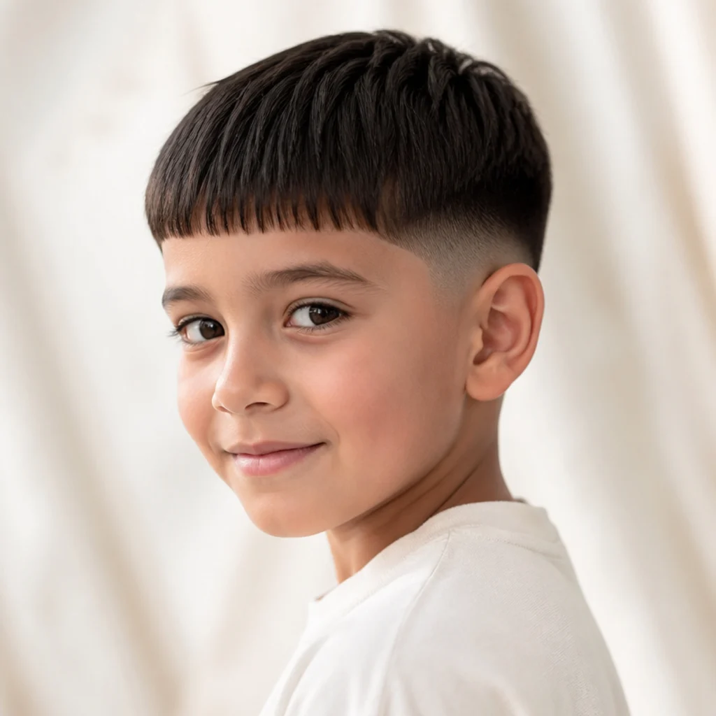 Front-three-quarter view of a young boy with a neat easy-care edgar cut and a low taper fade on a soft ivory background
