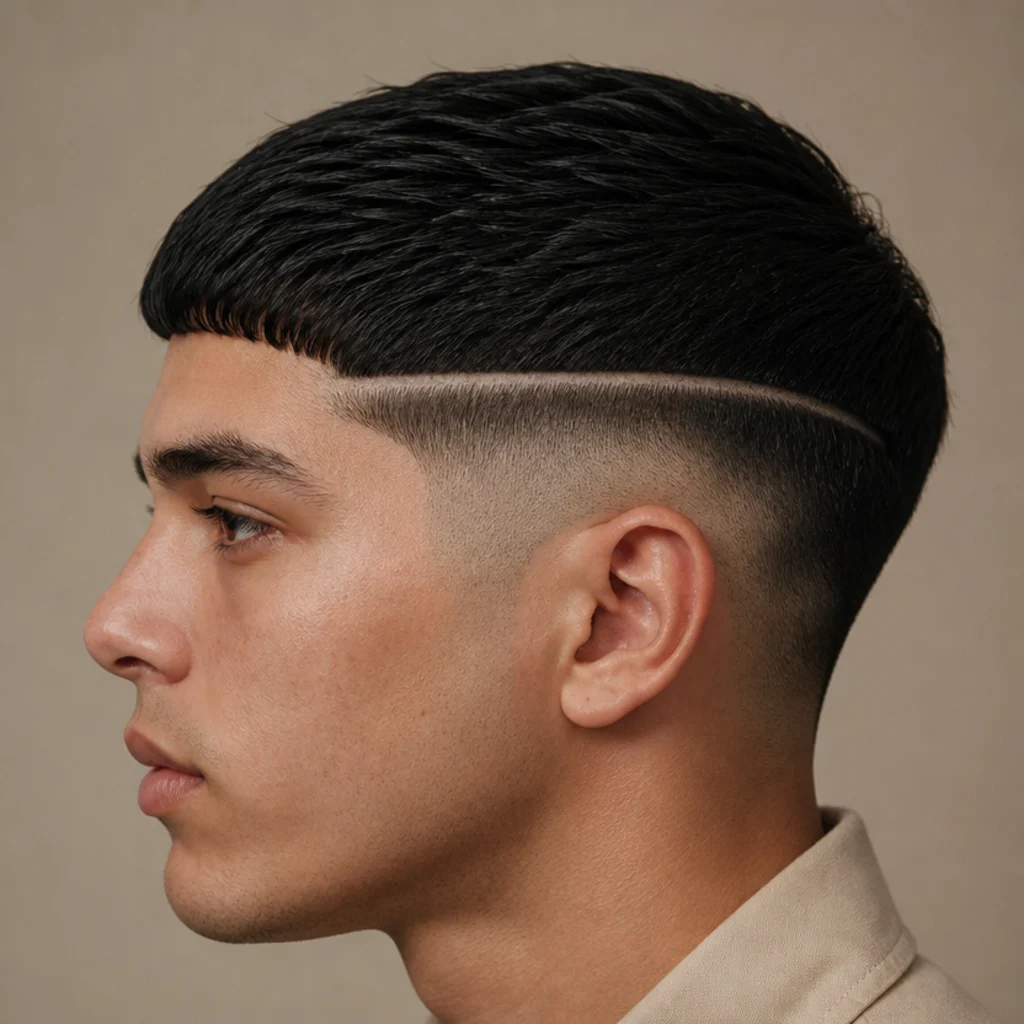 Side profile of a man with an edgar cut, a single razor-carved hard part line, and a clean taper fade on a taupe background
