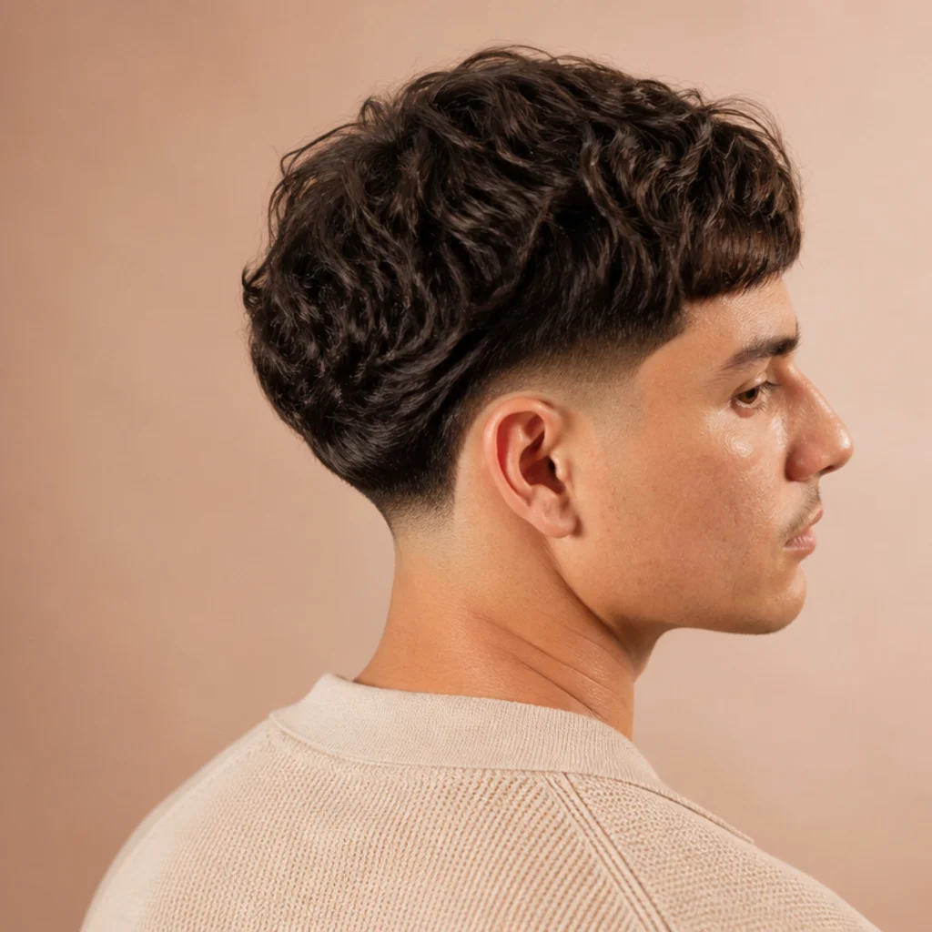 Back-three-quarter angle of a man with a wavy edgar cut and a curved drop fade following the curve of the head on a warm blush backdrop
