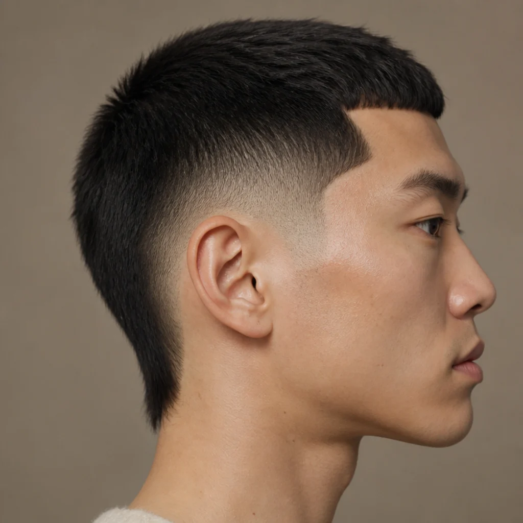 Side view of a man with a short edgar buzz and a burst fade fanning around the ear with slight length at the nape on a taupe studio background